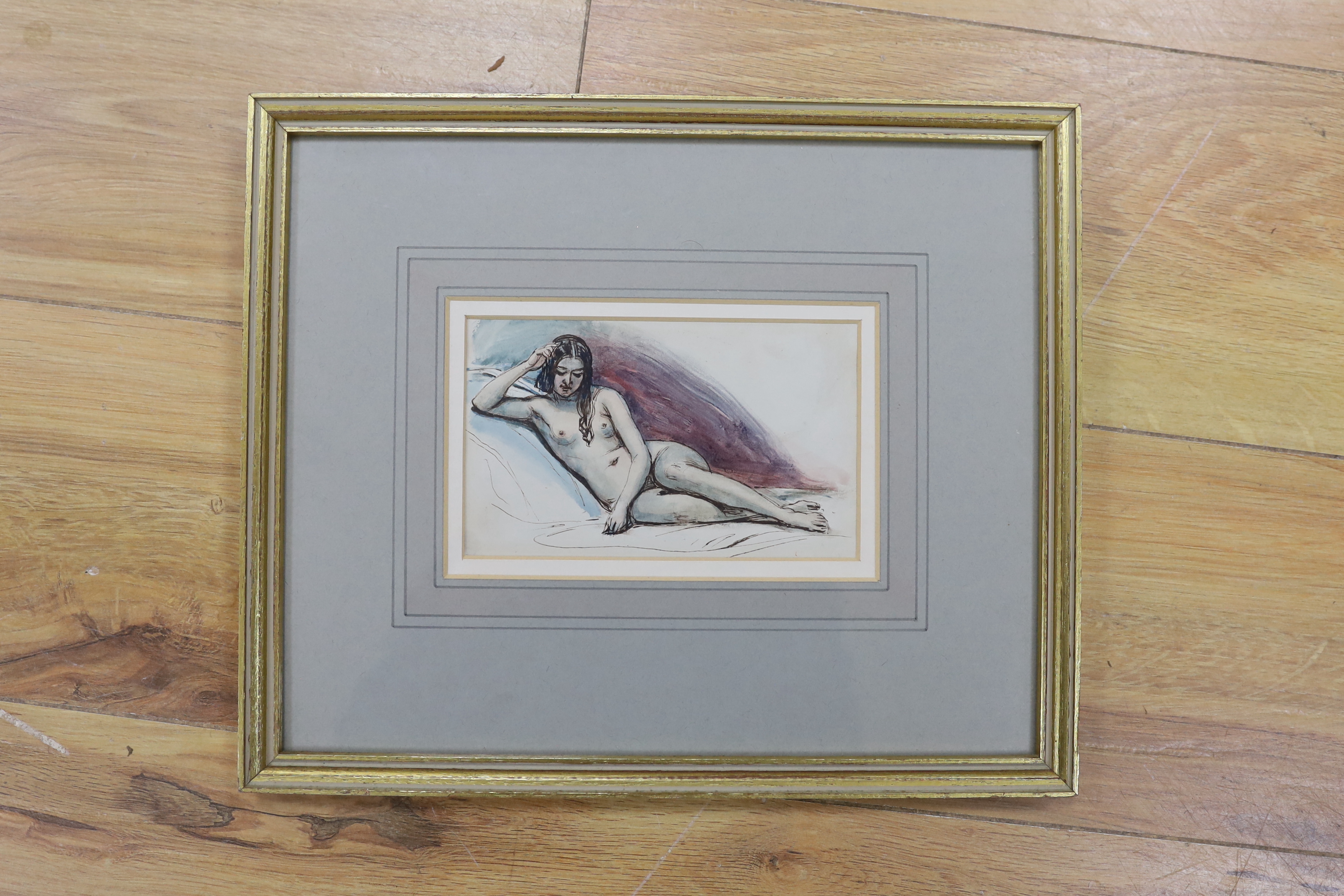 William Edward Frost (1810-1877), ink and watercolour, Study of a reclining nude female, unsigned, gallery label verso, 9 x 15cm